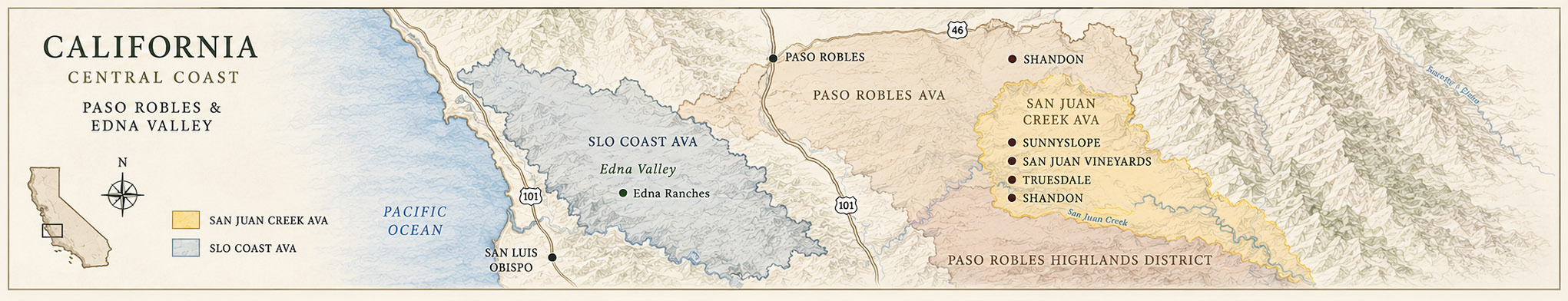 Map of Growers Producers Bottlers vineyards in Paso Robles and Edna Valley, California